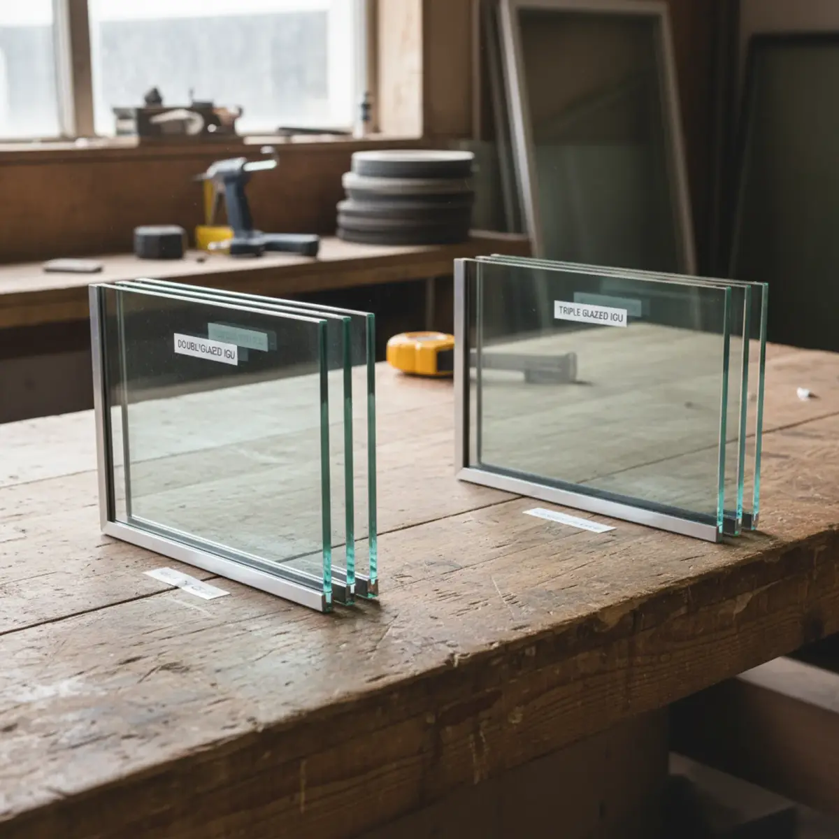 Double-glazed and triple-glazed insulating glass units side by side on a glazier workbench