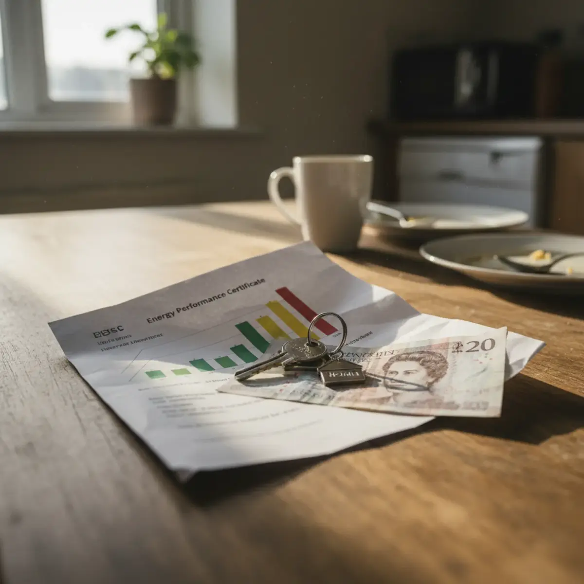 Energy Performance Certificate document on a kitchen table with house keys