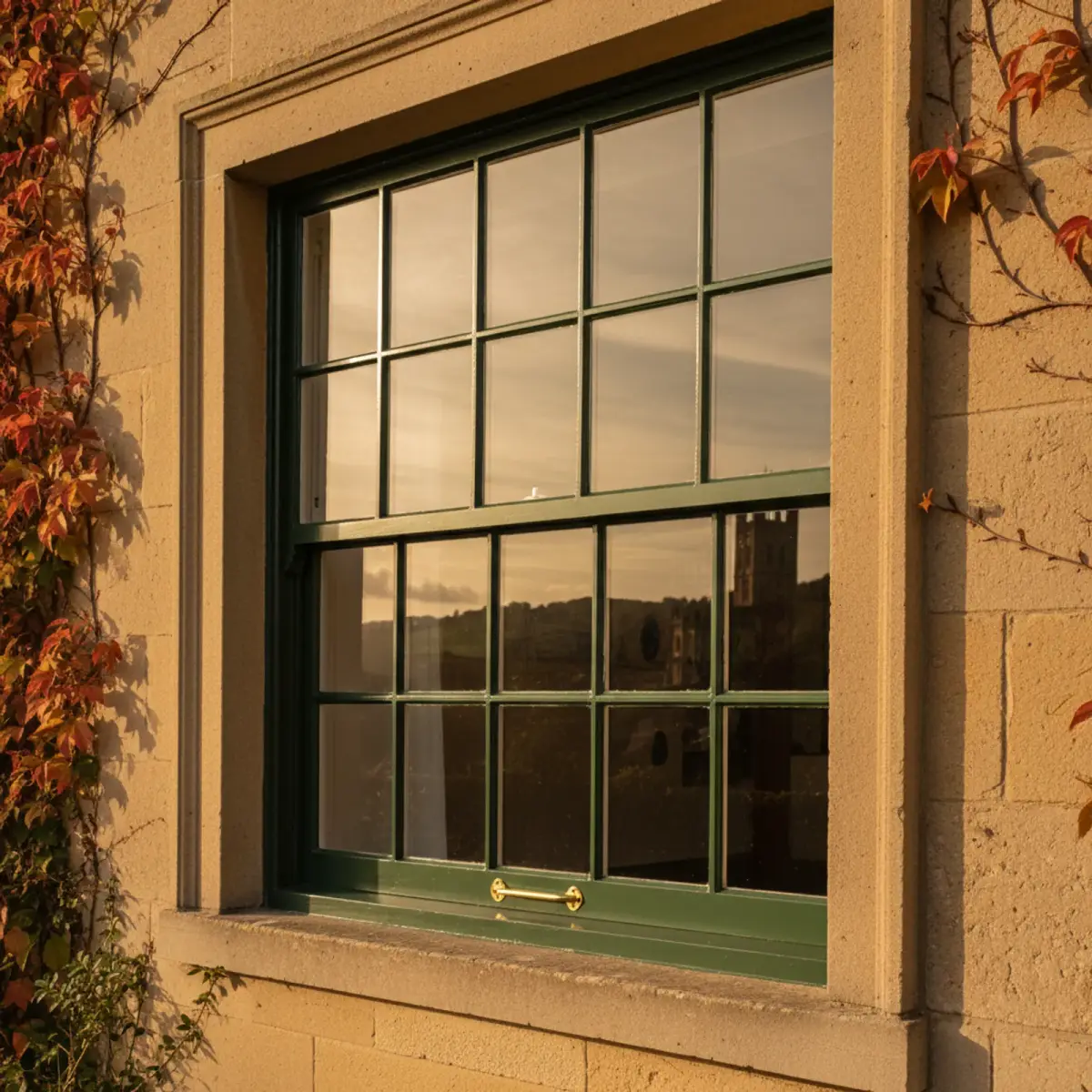 Restored Victorian timber sash window in a Bath-stone listed building