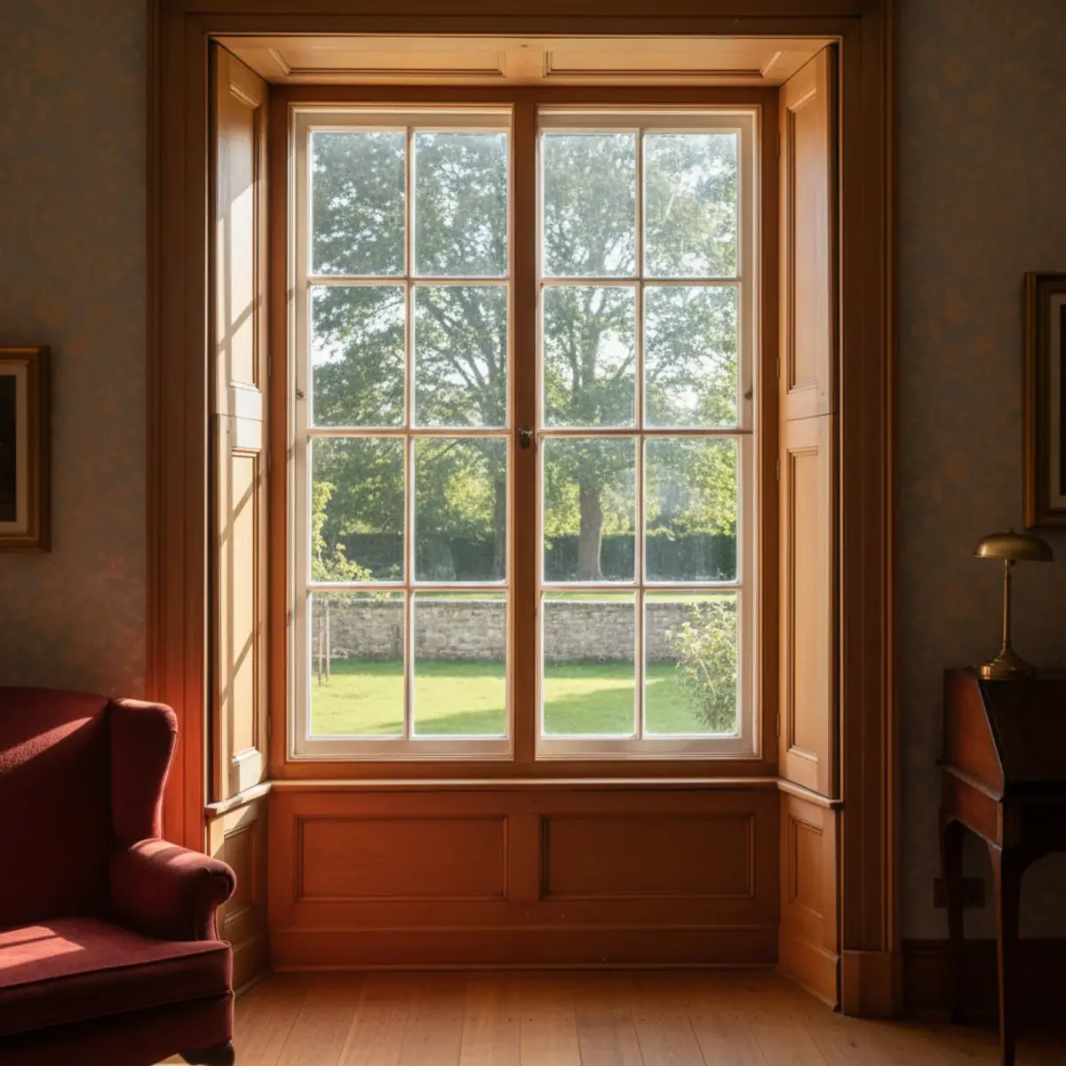 Georgian sash with discreet secondary glazing fitted on the inside, period drawing room
