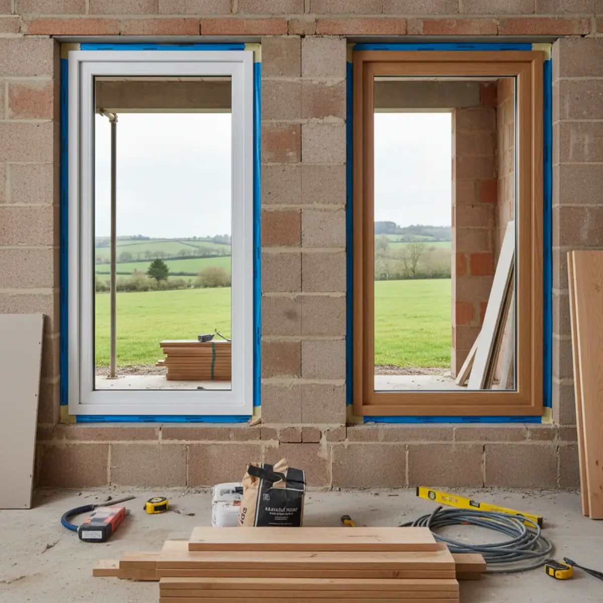 uPVC and engineered timber window frames compared on a UK building site