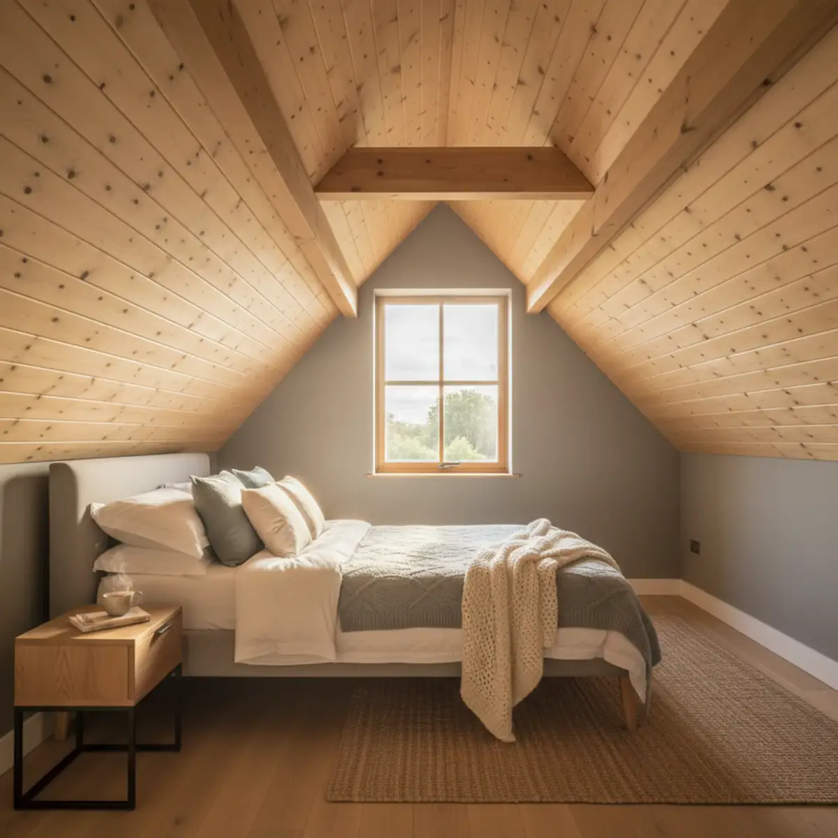 Velux roof window in a converted UK loft bedroom with morning sunlight